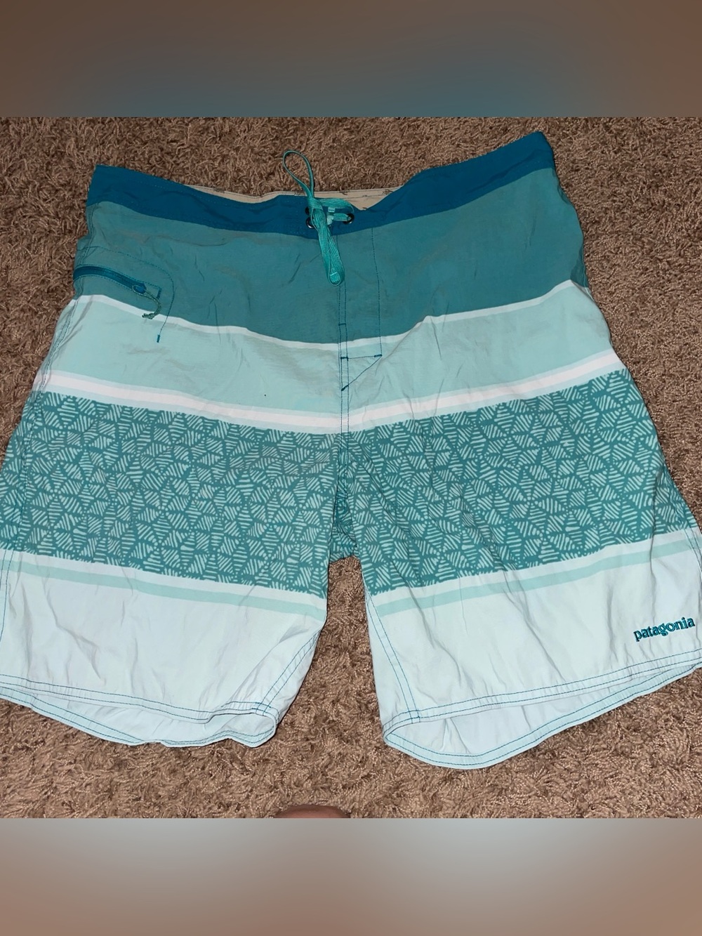 Patagonia Teal and Light Teal Patterned Swim Board Shorts